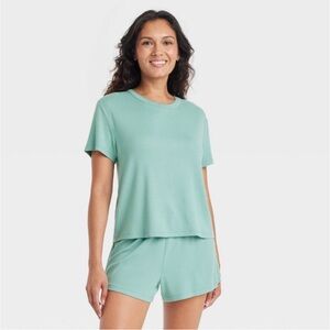 New! TOP ONLY! Women's Pointelle Short Sleeve Top  - Auden™ Green M